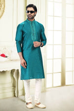 Thumbnail for Raivat Ethnic Jacquard Banarasi Silk Thread Work Kurta Pajama In Blue Colour - Distacart