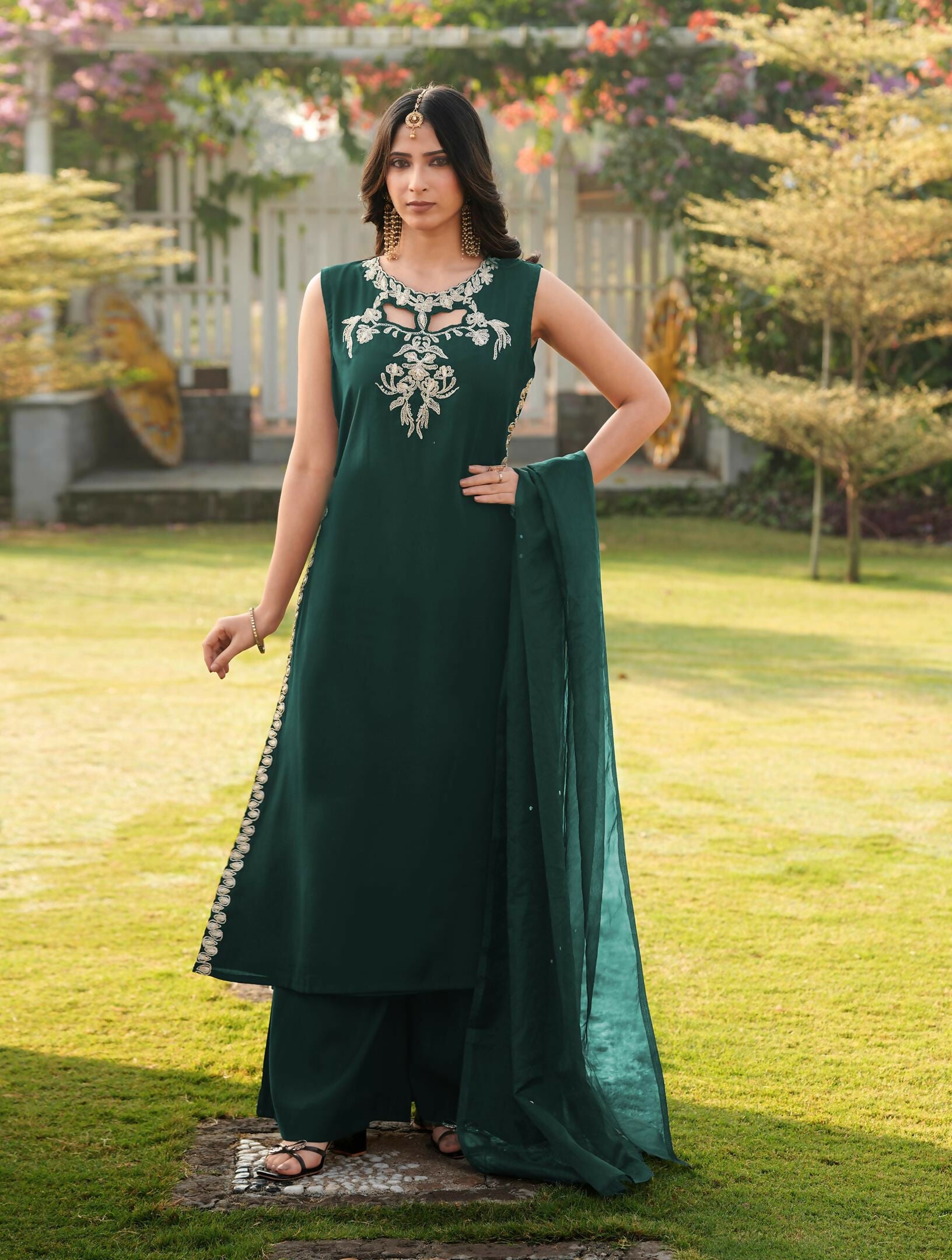 Nikhaar Dark Green Embroidered Art Silk Stitched A Line Kurta Palazzo Dupatta Readymade Suit - Dista