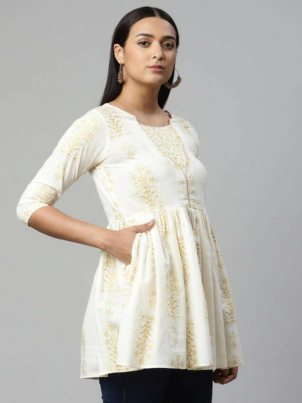 Ahalyaa Women Off White Beautiful Pure Cotton Printed Tunic - Distacart