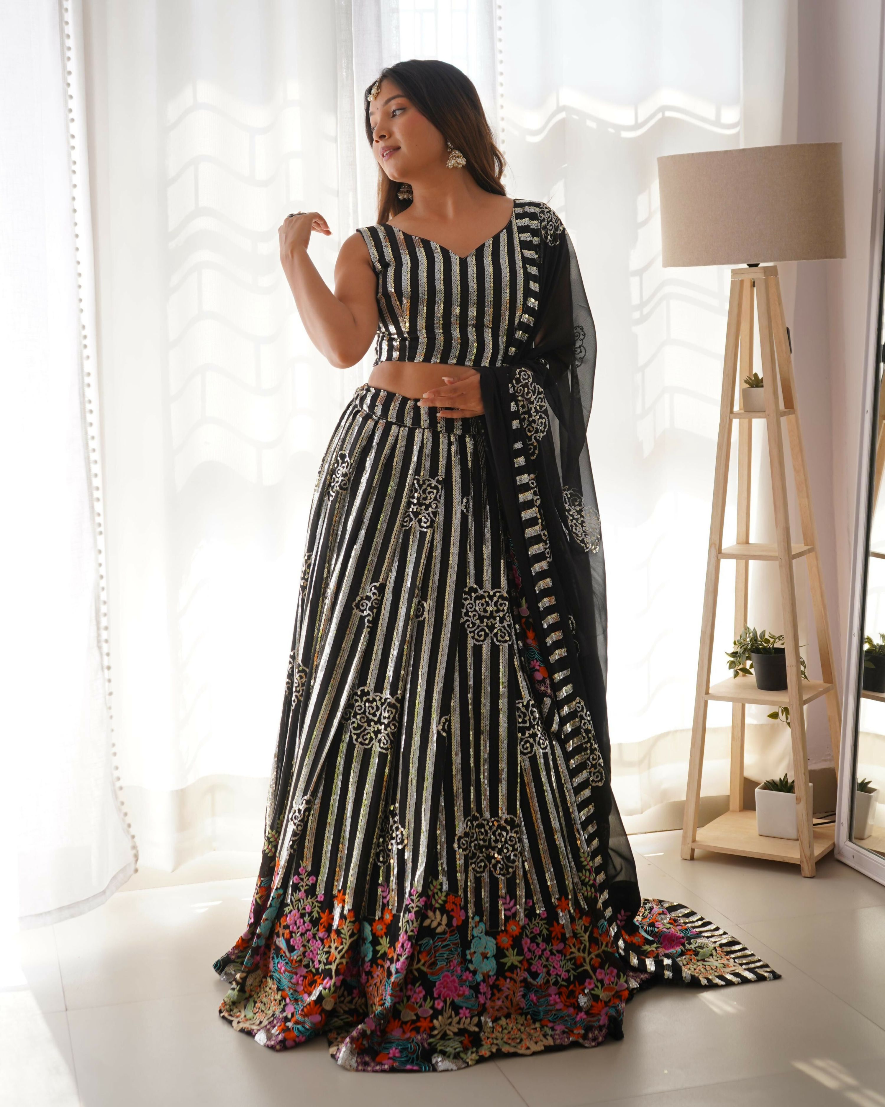 Joban Fashion Black Lehenga Georgette Coding Dori with Sequence with Rivet Moti