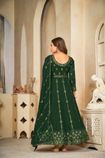 Thumbnail for Jyoti Fashion Women's Bottle Green Georgette Embroidered Anarkali Kurta Pant Set With Dupatta - Distacart