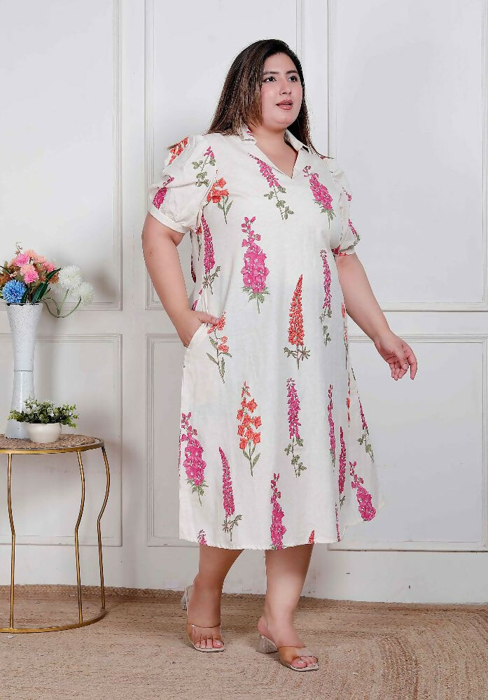 Miravan Plus Size Womens Off White Flower Printed Cotton Flex Maxi Dress