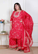 Thumbnail for Miravan Plus Size Red Floral Print Embroidered Cotton Straight Kurta With Palazzo & Dupatta - Distacart