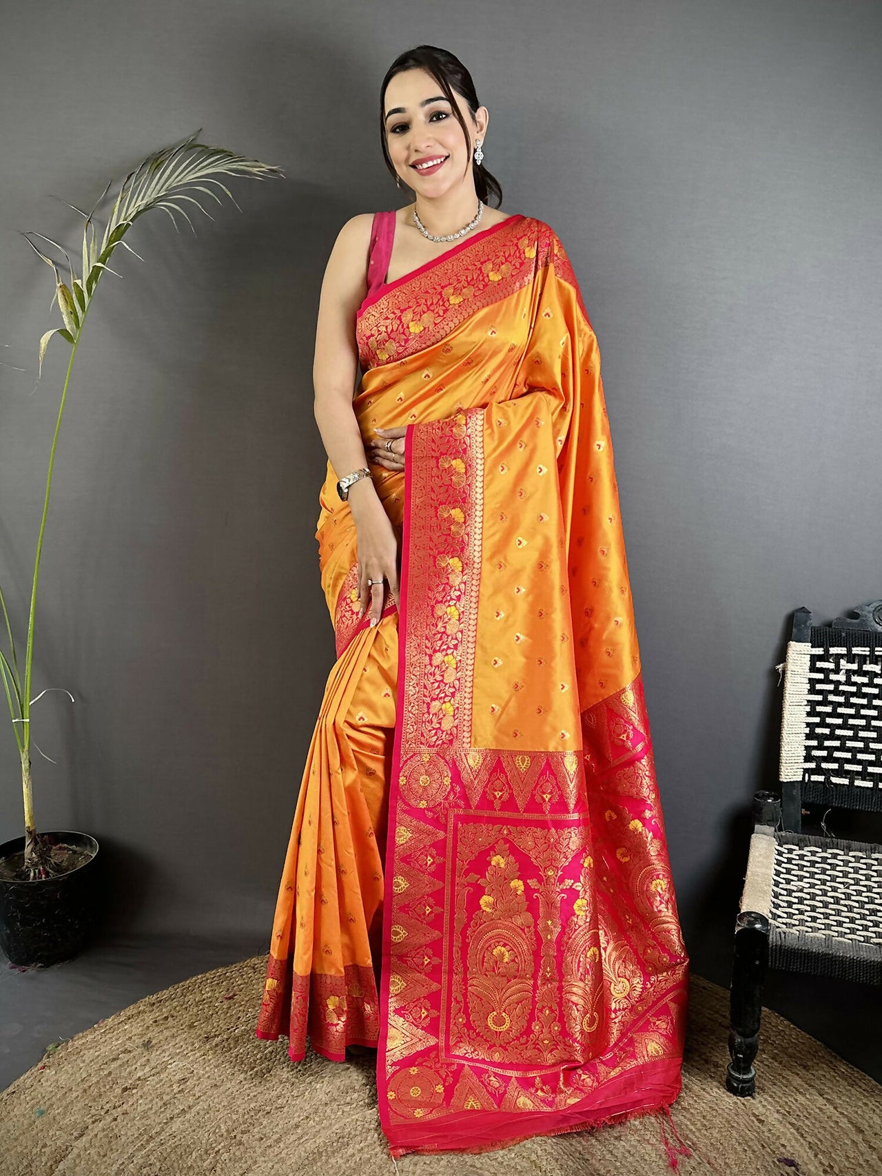 Joban Fashion Orange Intricate Motifs Soft Silk Banarasi Saree - Dista