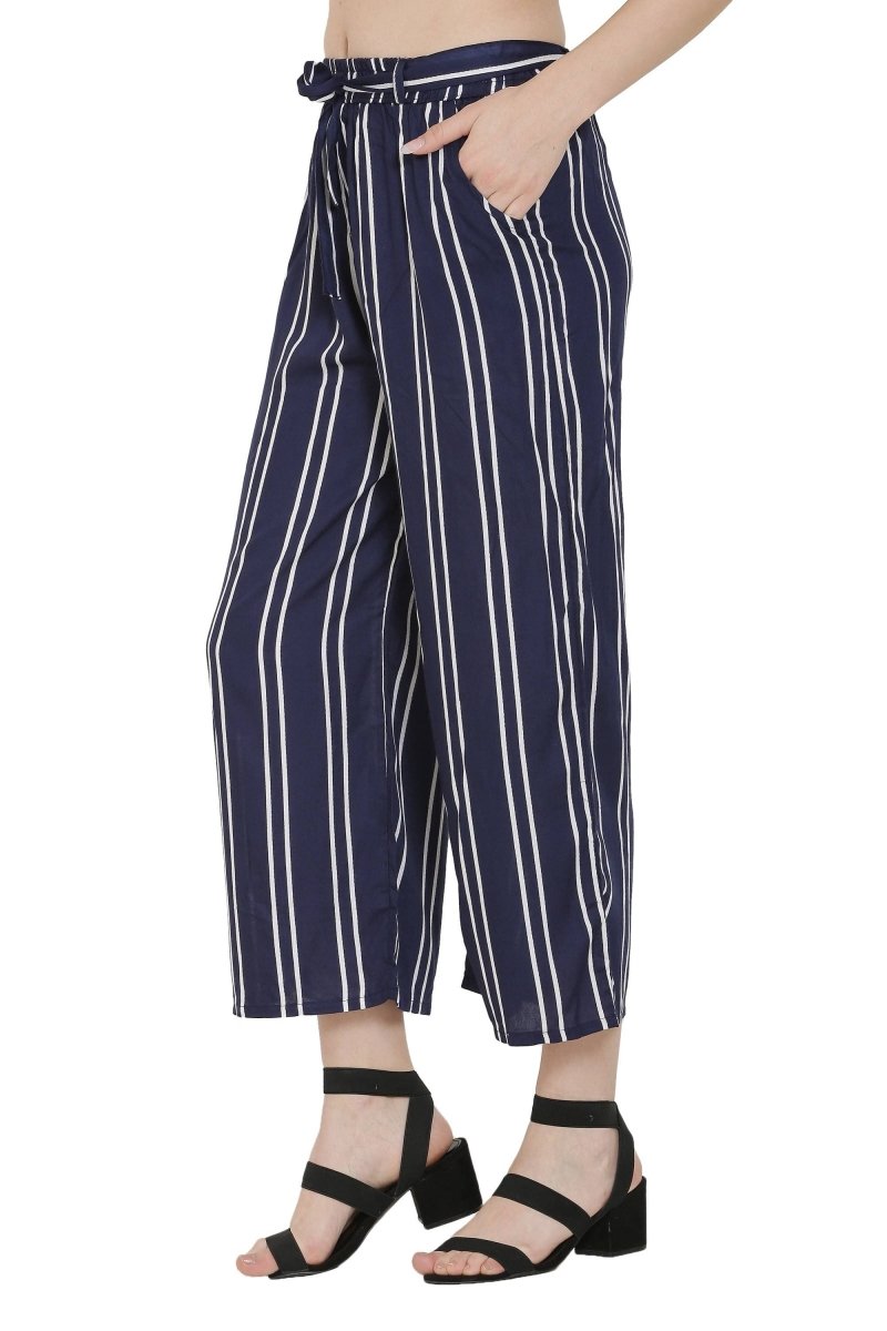 Asmaani Navy Blue Color Rayon Fabric Stripped Palazzo