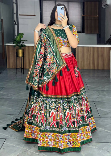 Yash Enterprise Red Dhola Silk Embroidery Semi Stitched Navratri Chaniya Choli - Dista