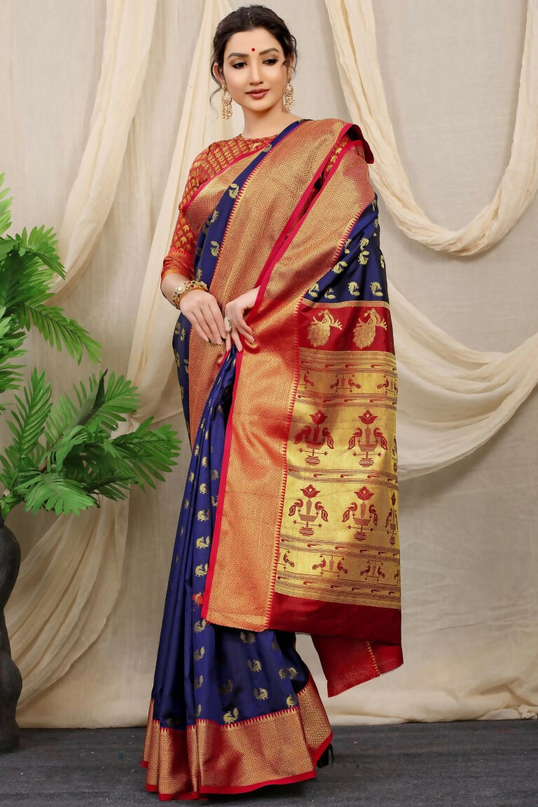 Jyoti Fashion Women's Navy Blue Banarasi Silk Zari Woven Saree with Blouse - Distacart