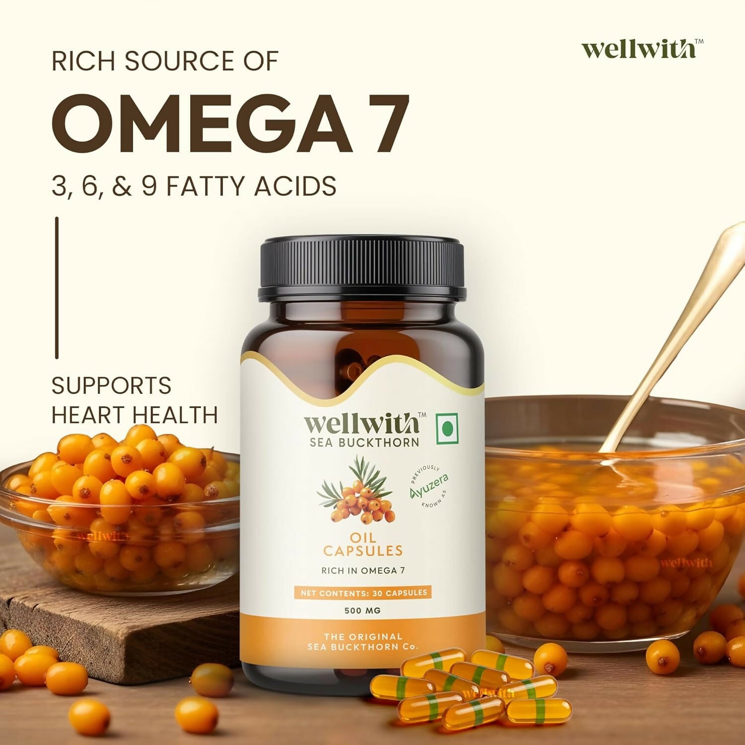 Wellwith Sea Buckthorn Berry Oil Vegan Omega 7 500mg, Softgels Capsules - Distacart