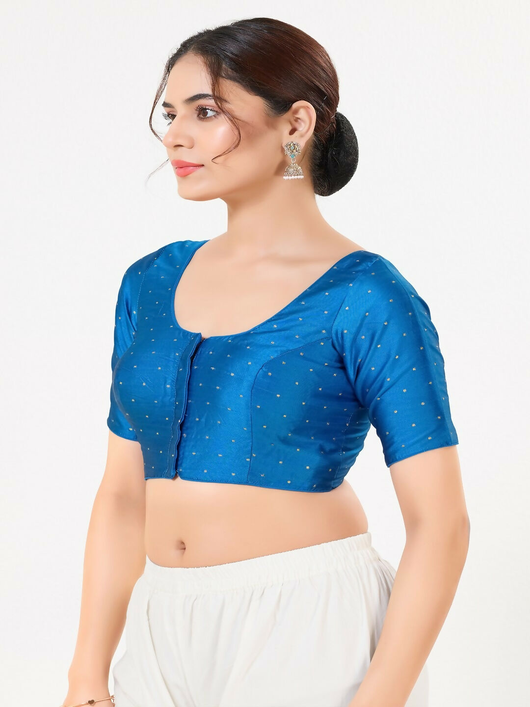 Joban Fashion Cobalt-Blue Taffeta Silk Elbow Sleeveless Front Open Blouse