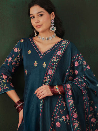 Sangria Floral Embroidered A-Line Kurta & Trousers With Dupatta - Distacart