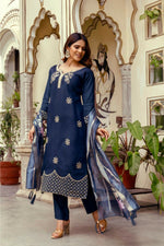 Thumbnail for The52 Navy Blue Women's Beautiful Viscose Chanderi Fabric Thread Work Straight Kurta Pant and Dupatta Set - Distacart