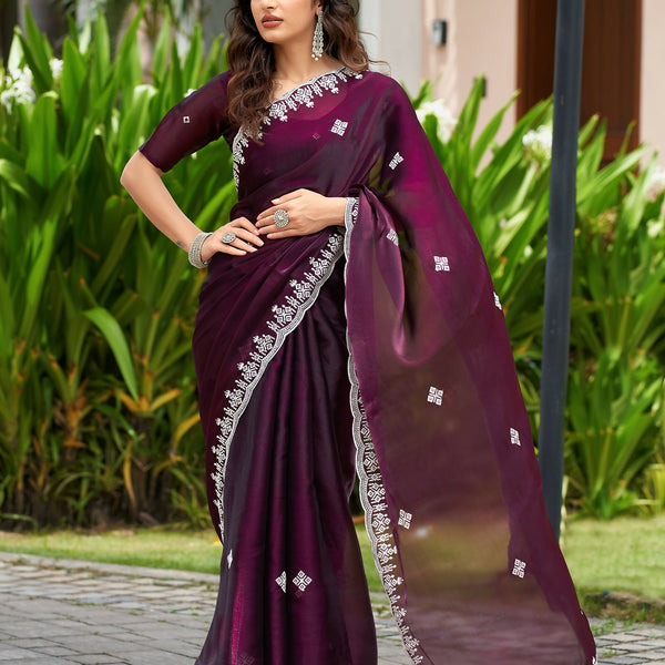Vastranavya Wine Embroidery Work Shimmer Chiffon Saree with Unstitched Blouse