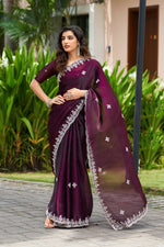 Thumbnail for Vastranavya Wine Embroidery Work Shimmer Chiffon Saree with Unstitched Blouse