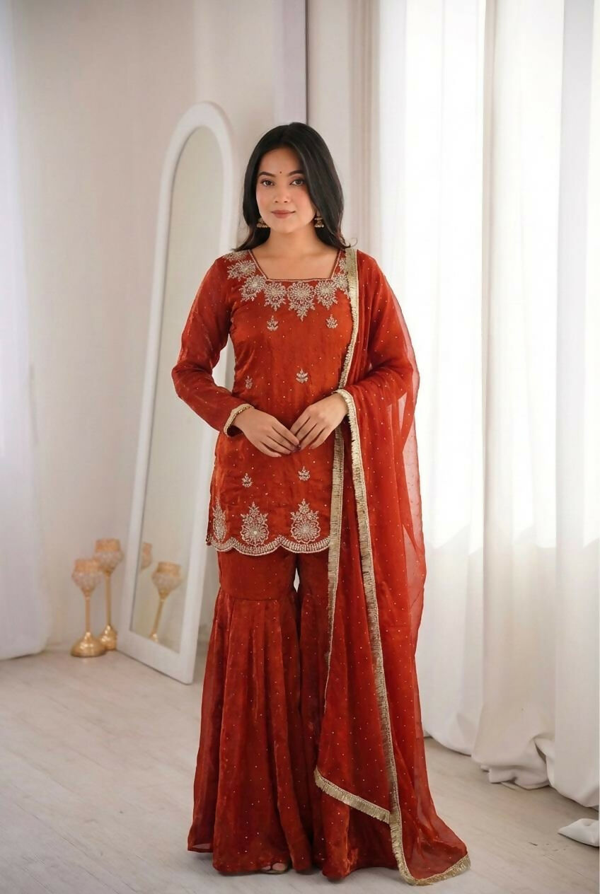 Teeya Creation Womens New Fancy Embroidery Sequence Work With Zarkan Diamond Work Kurta Set - Dista