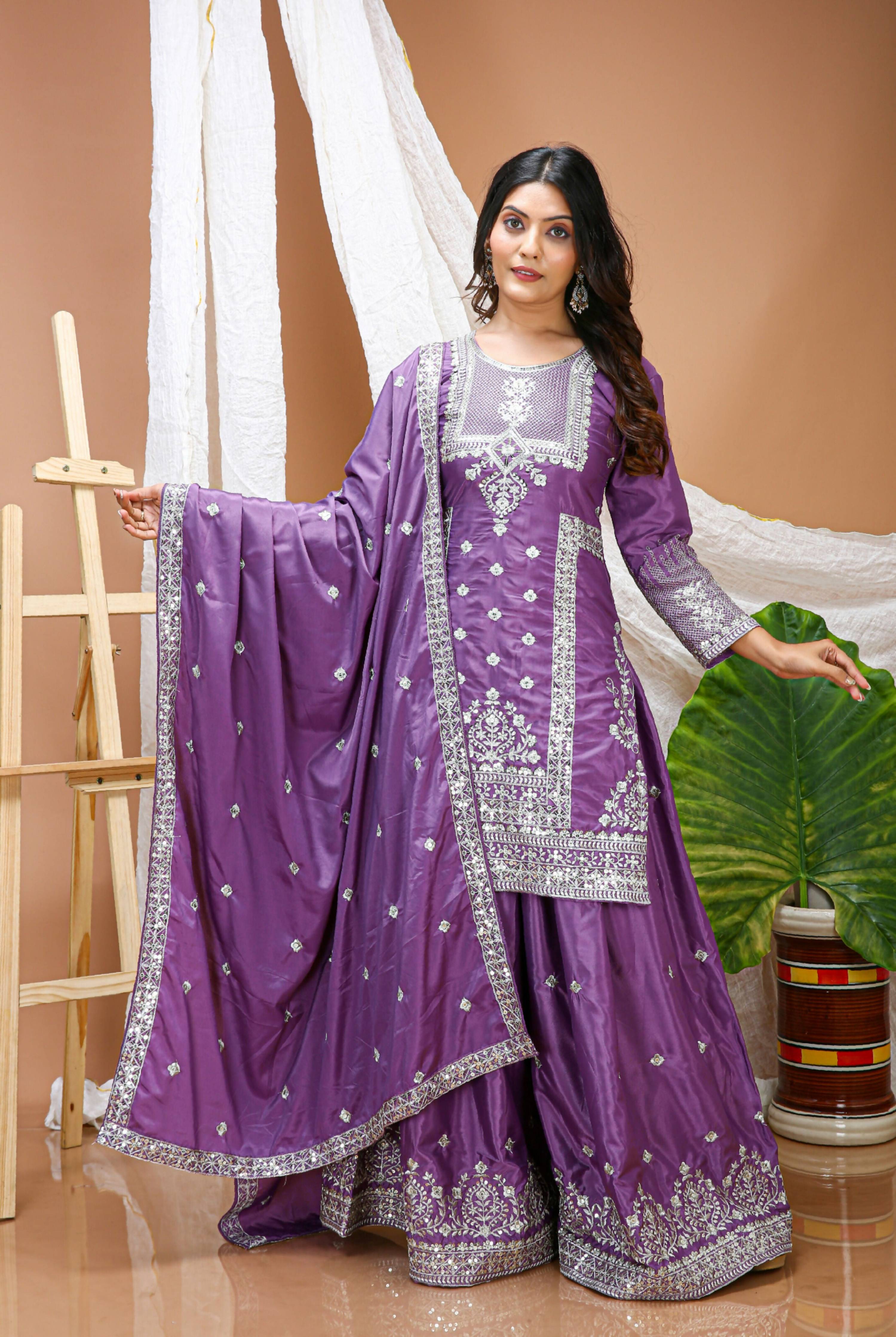 Lehenga Mart Designer Sharara Suit With Kurta, Sharara, Dupatta For Women-Lavender Violet - Distacart