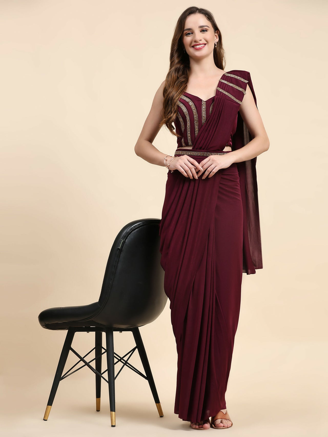 Maroon Polyester Solid Ready to Wear Saree with stitched Blouse - Nita - Distacart