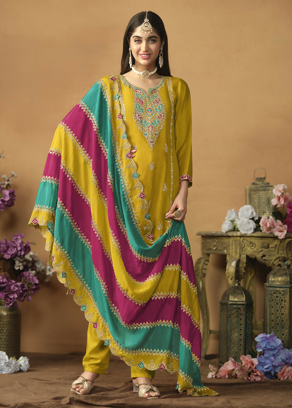 Chinnon Silk Yellow Salwar Suit with Multicolor Dupatta - Emponline - Distacart
