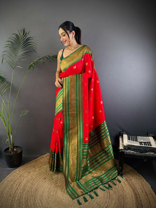 Joban Fashion Banarasi Red Woven Soft Silk Saree