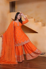 Thumbnail for Joban Fashion Orange Silk Embroidered Sharara Set - Distacart