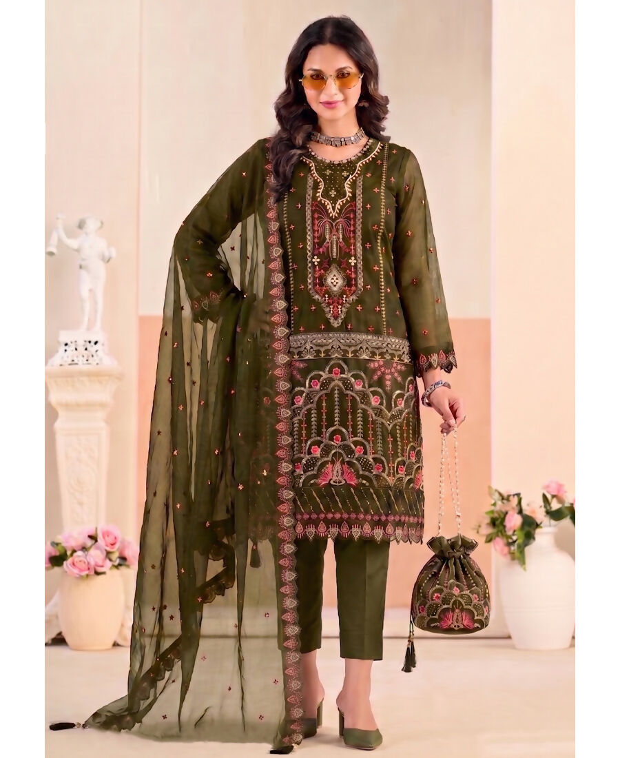KC Mahendi Pakistani Crunchy Silk Heavy Salwar Kameez For Women - Dista