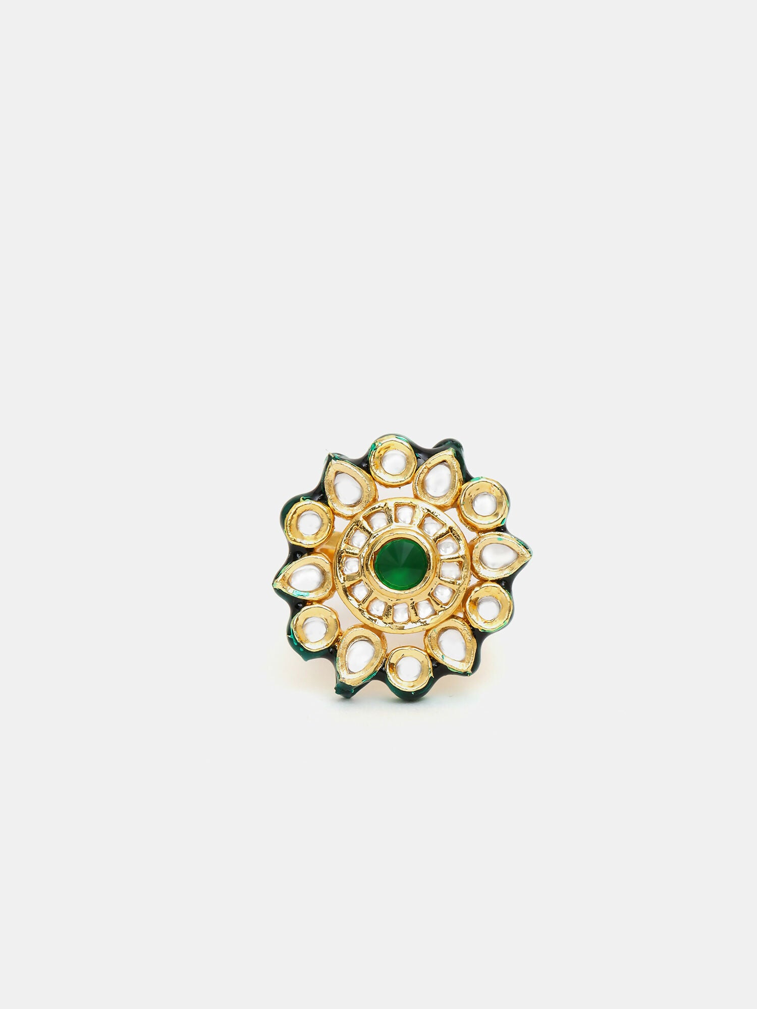 Ruby Raang Gold Polished Green Kundan Ring