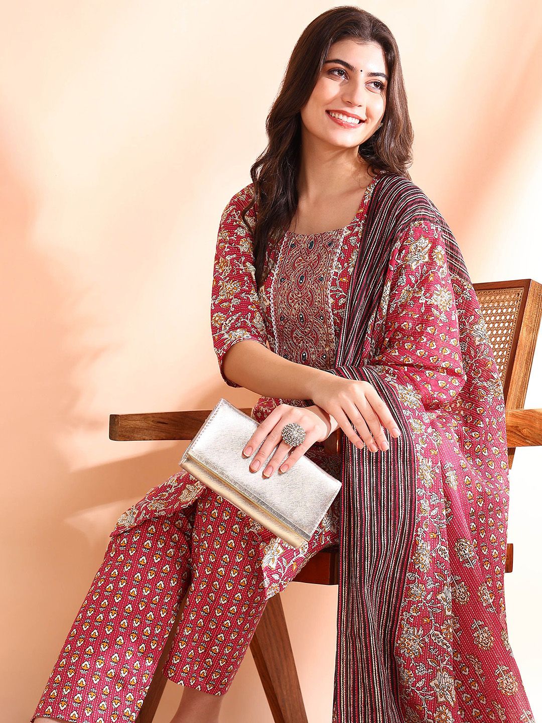 Ode by House of Pataudi Printed Mirror Work Pure Cotton Kurta With Trousers & Dupatta - Distacart