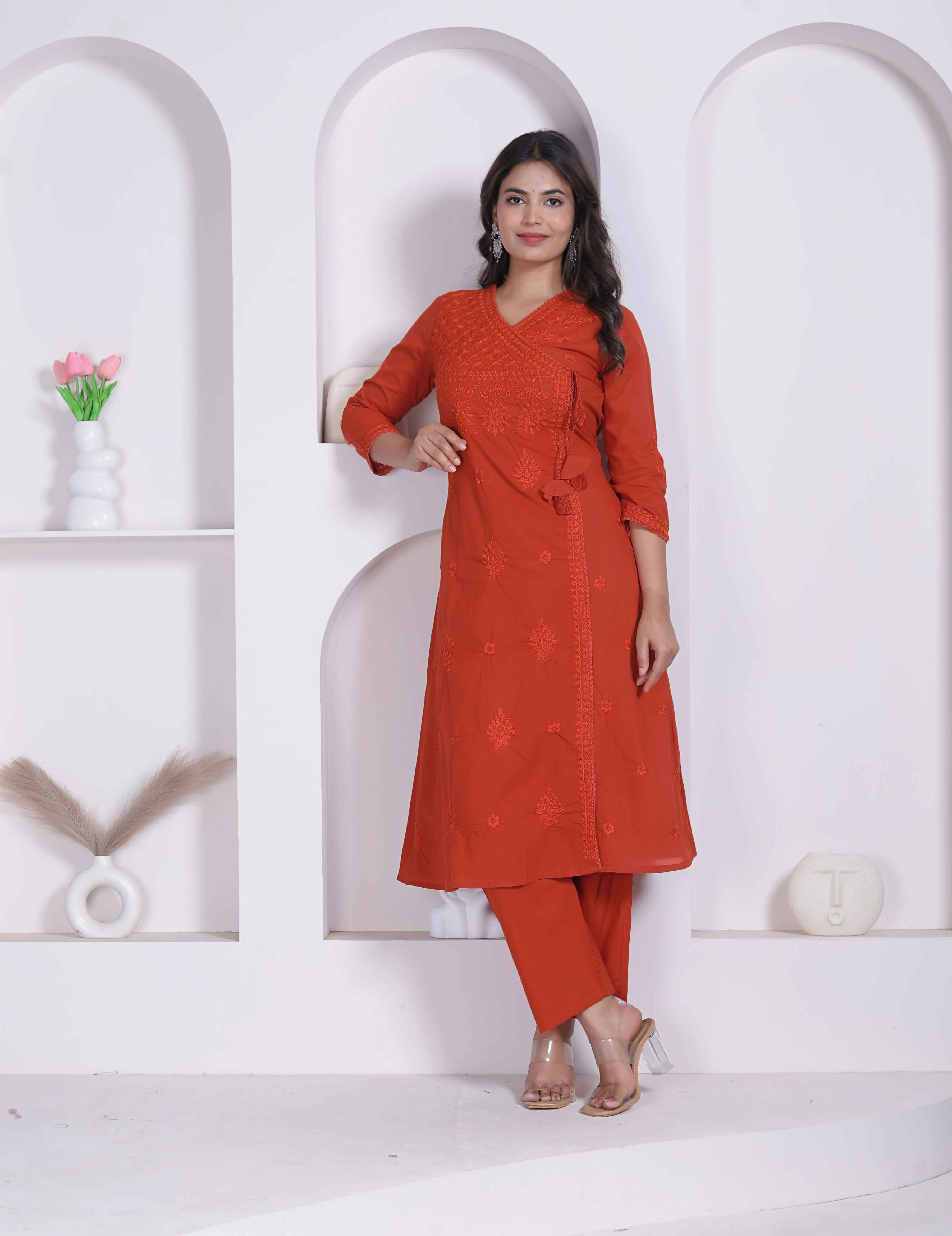 Miravan Womens Rust Floral Printed Angrakha Style Kurta With Palazzo - Dista