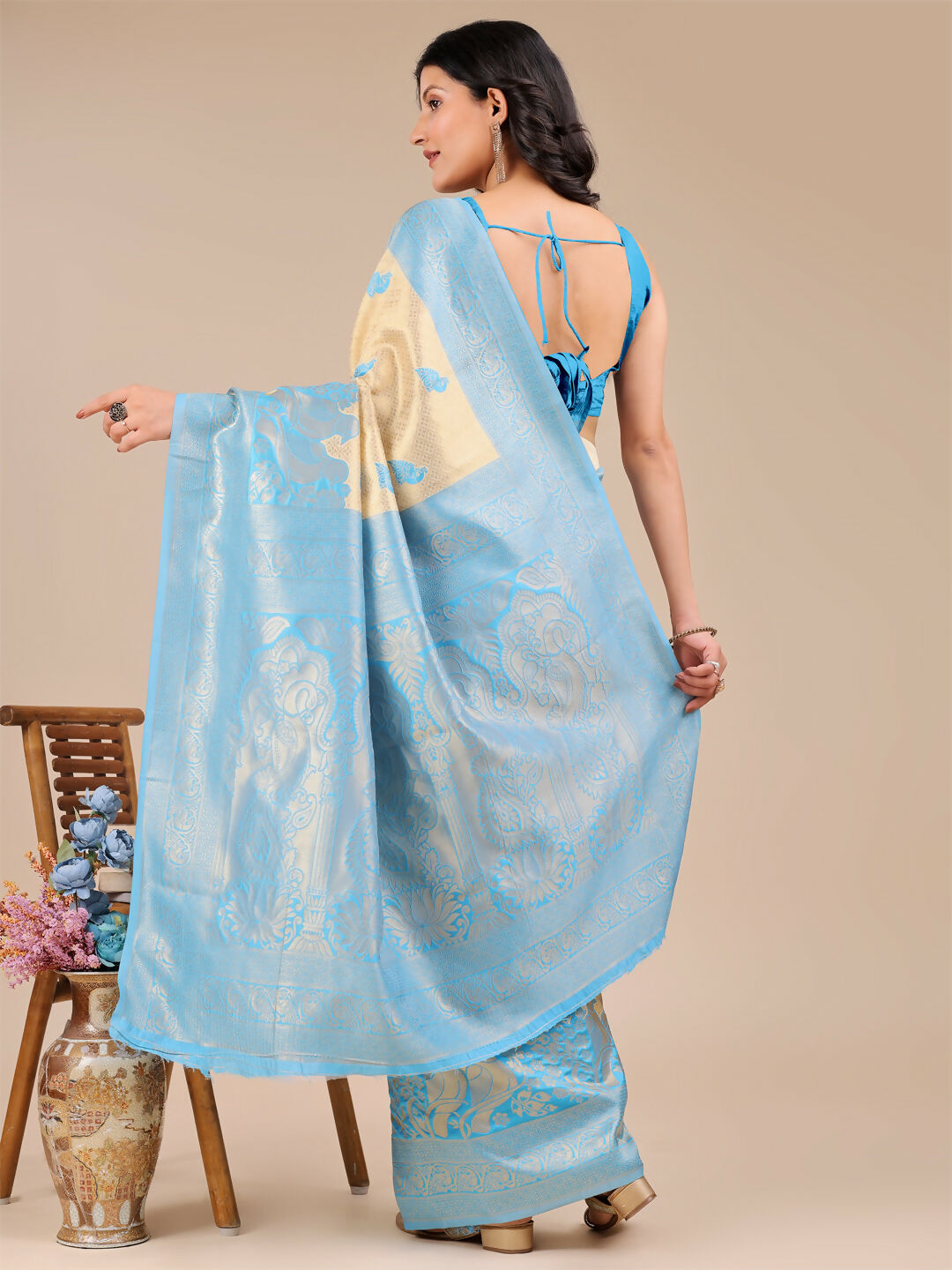 Astita Banarasi Silk Cream & Sky Blue Saree