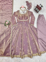 Thumbnail for The52 Women's Beautiful Fandy Silk Fabric Embroidery Work Flared Anarkali Pant and Dupatta Set - Distacart