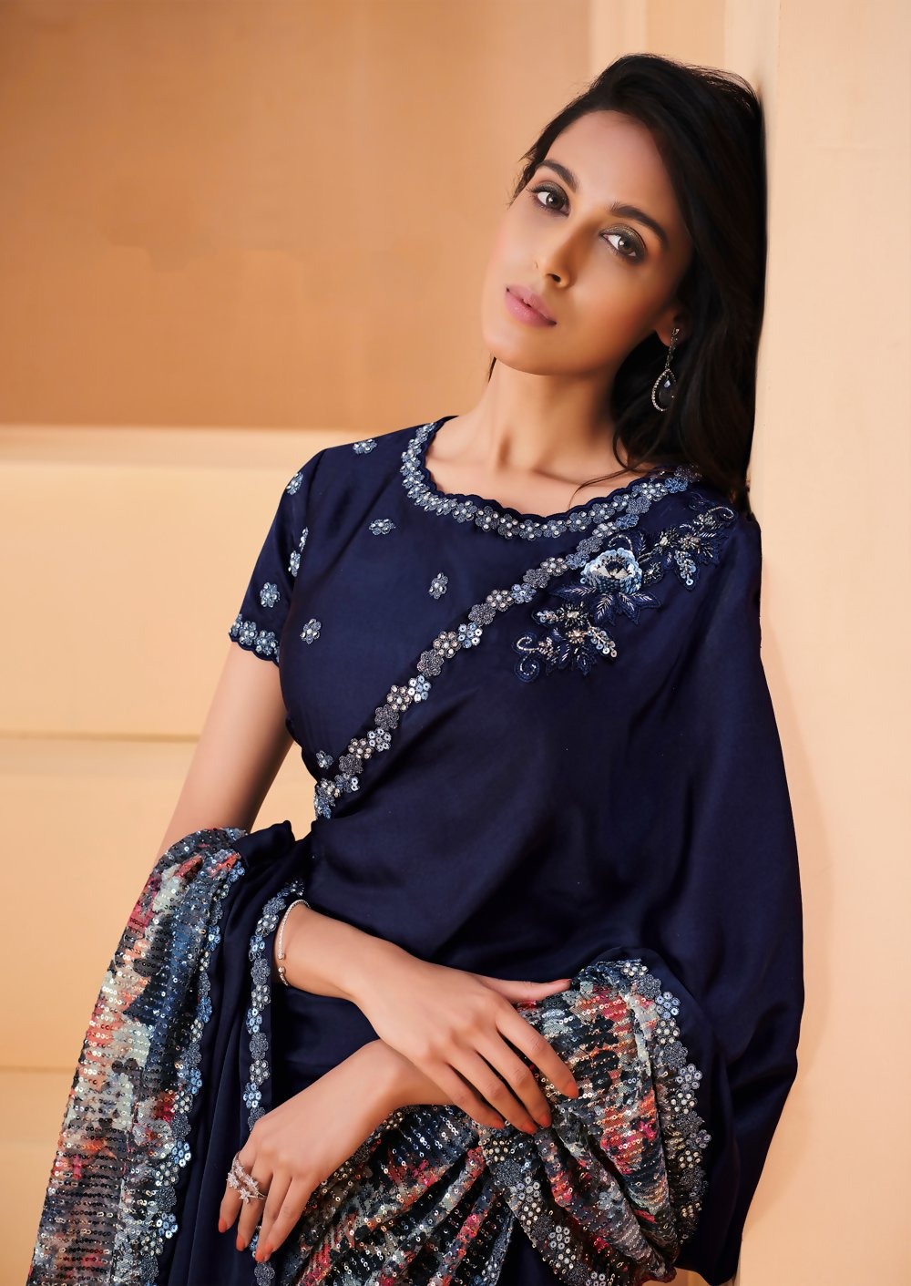 Navy Blue Satin Crepe Silk Embroidery with Digital Sequence Work Saree - Norita Helly - Distacart