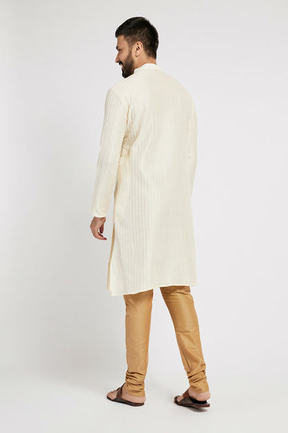 Ethnic India Cream Men's Kurta Striped Polyester - Distacart