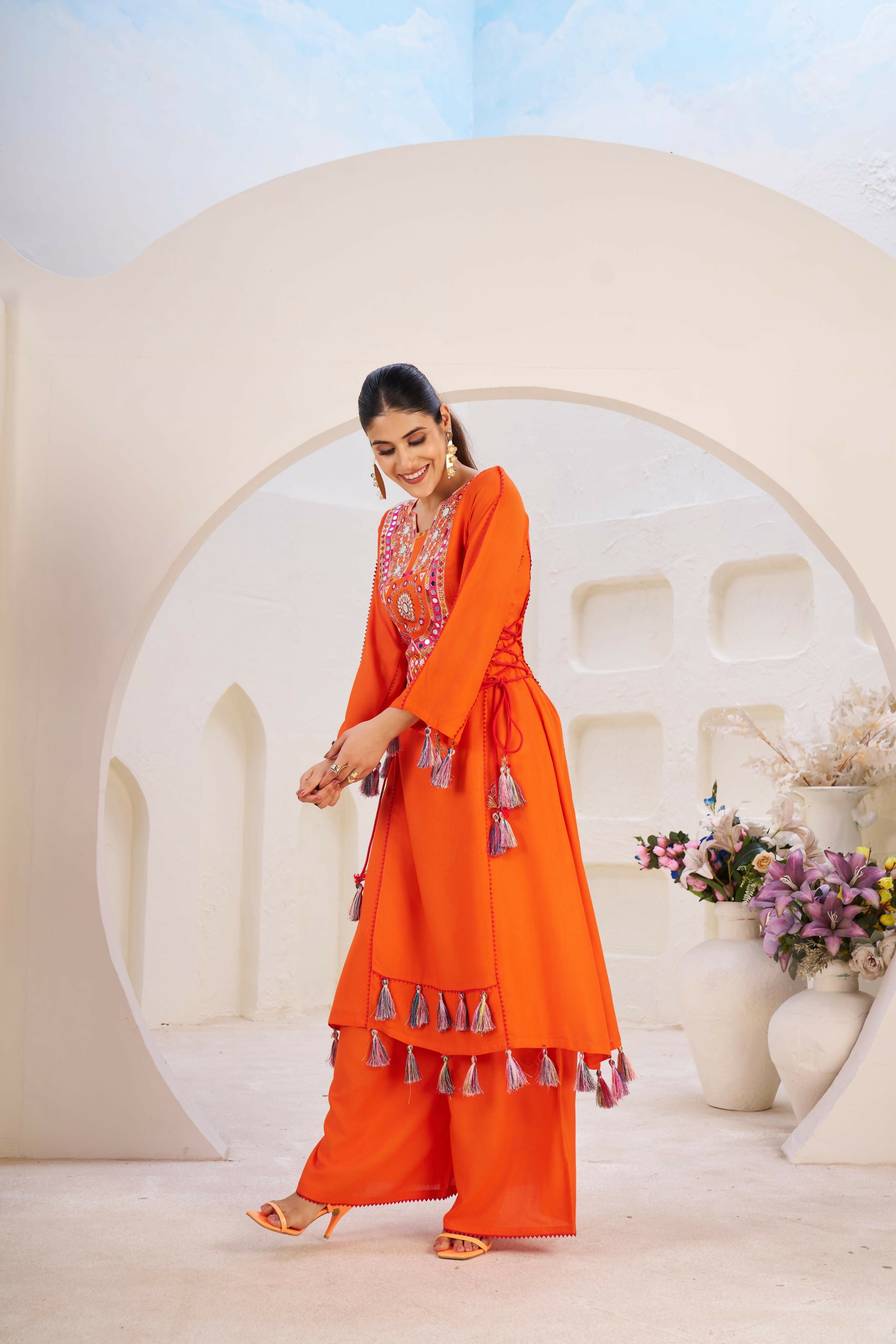 Joban Fashion orange Palazzo Rayon Coding Dori with Sequence with Rivet Moti