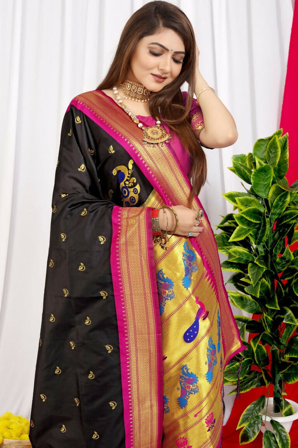 Jyoti Fashion Women's Black Paithani Silk Zari Woven Saree with Blouse - Distacart
