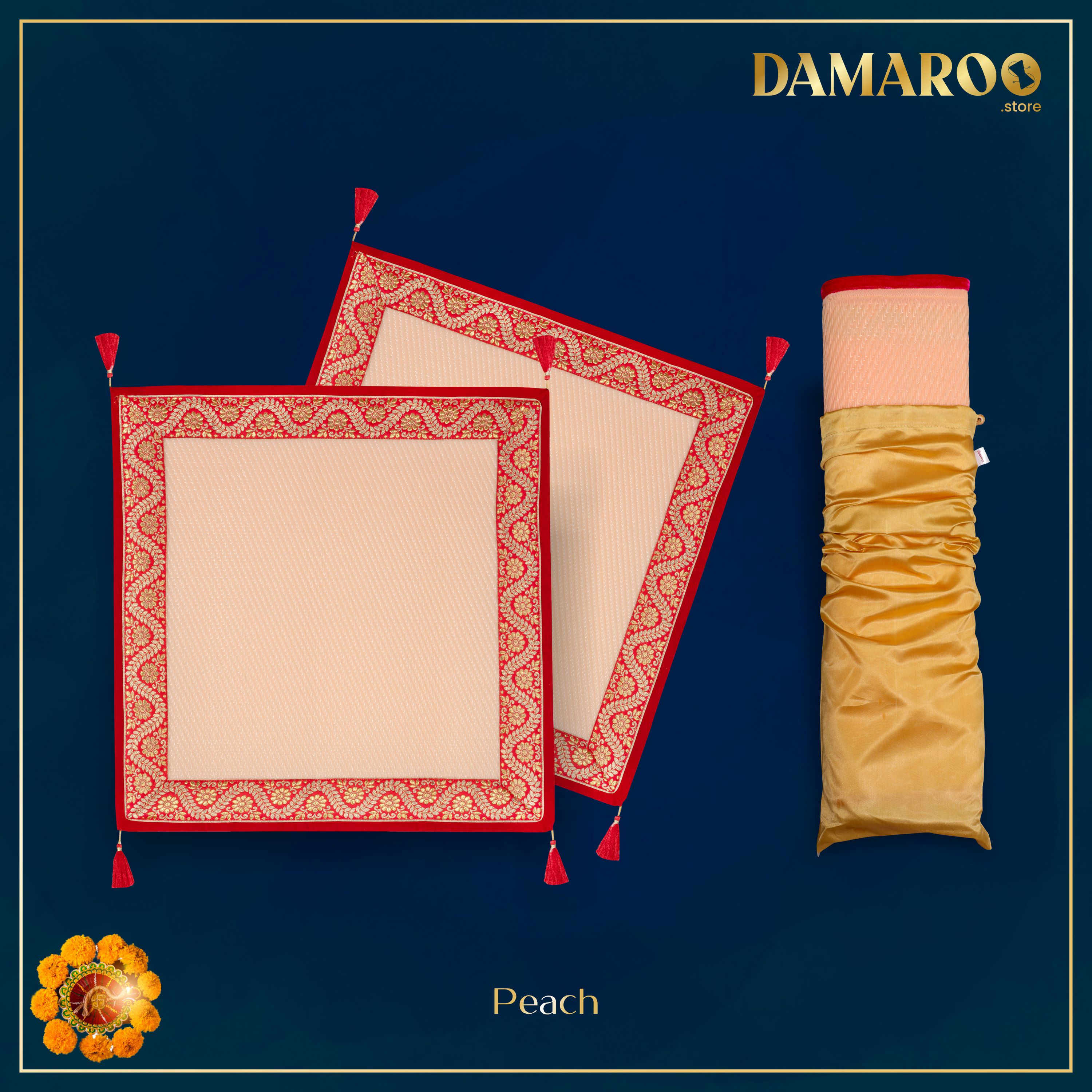 Damaroo Set of 2 | 2x2 ft | Graceful Nylon Pooja Aasan | Red & Subtle Golden Trim & Tassels - Peach - Distacart