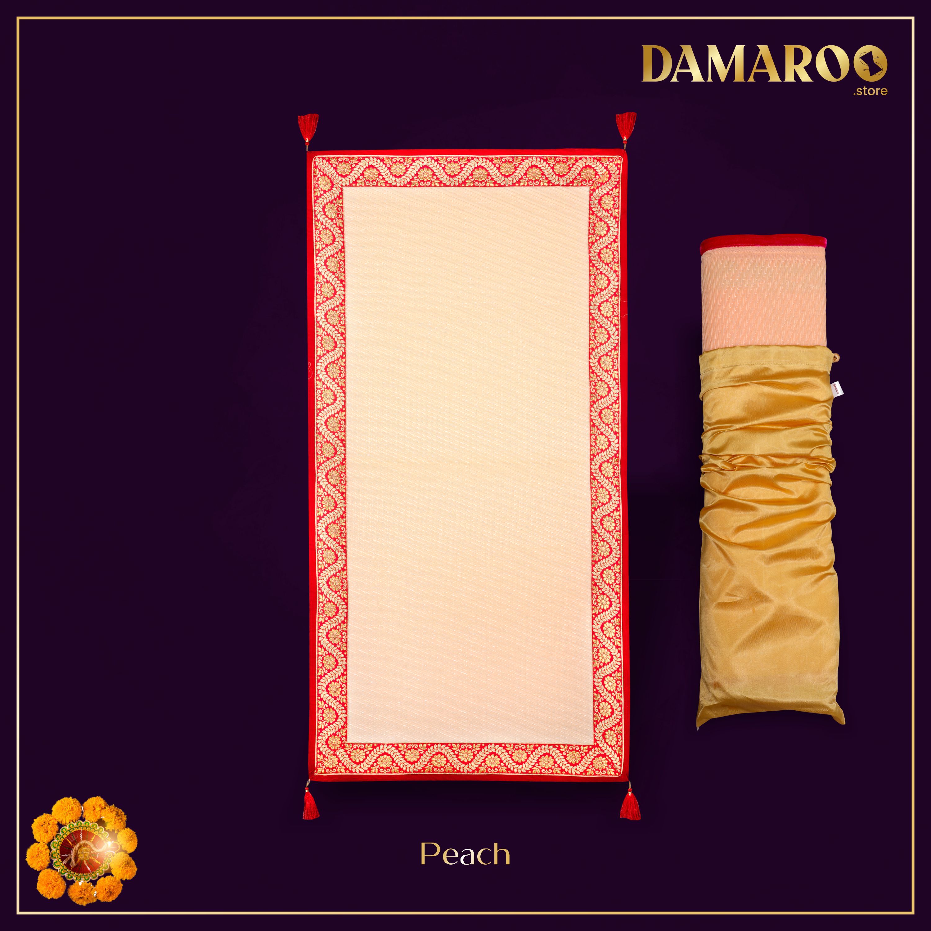 Damaroo 2x4 ft | Graceful Nylon Pooja Couple Mat | Red & Subtle Golden Trim & Tassels - Peach - Distacart