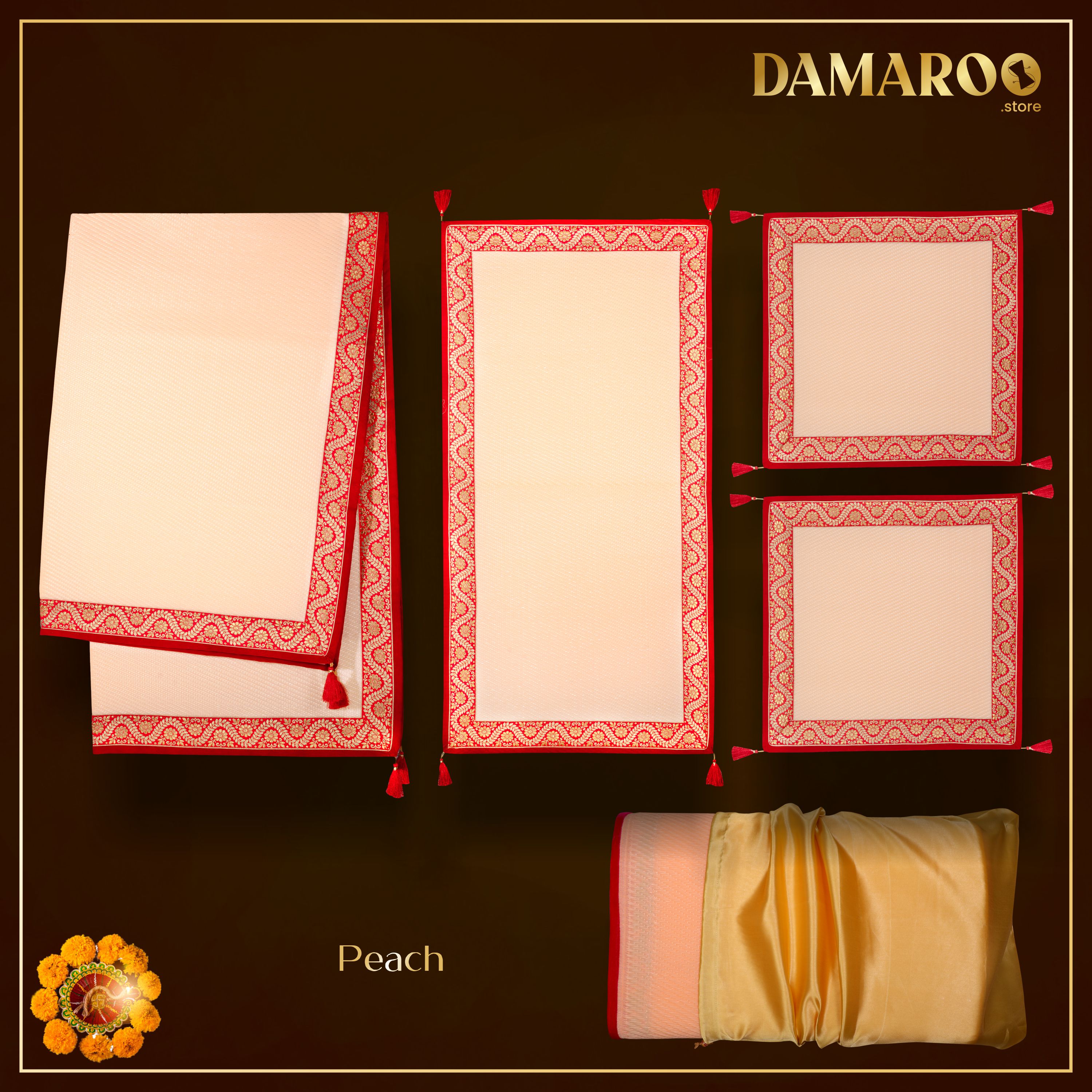 Damaroo Combo Pack of 4 | Graceful Nylon Pooja Aasan & Mat | Red & Subtle Golden Trim & Tassels - Peach - Distacart