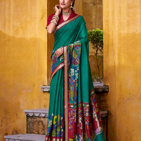 Vastranavya Firozi Viscose Chanderi Kalamkari Print with Zari Working Saree & Unstitched Blouse - Distacart
