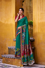 Thumbnail for Vastranavya Firozi Viscose Chanderi Kalamkari Print with Zari Working Saree & Unstitched Blouse - Distacart