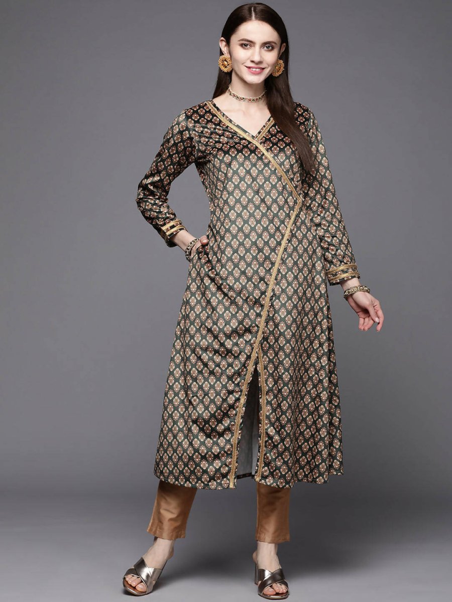 Ahalyaa Women Green & Cream-Coloured Floral Printed Velvet Kurta - Distacart
