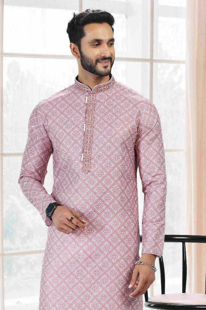 Raivat Ethnic Cotton Thread Work Kurta Pajama In Baby Pink Colour - Dista
