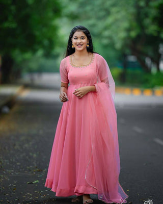 Preksha Creation Women Pink Georgette Anarkali Gown With Work Dupatta With Lace - Pink - Distacart