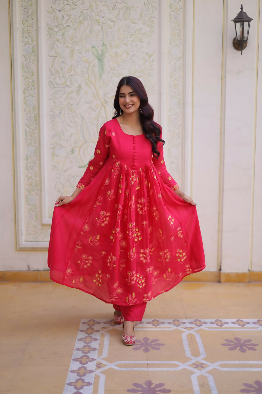 Teeya Creation Womens New Fancy Mul Chanderi With Embroidered Work Gown Set - Dista