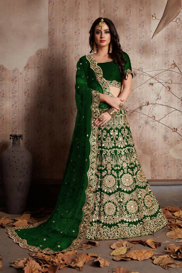 Jyoti Fashion Mesmerizing Green Sequins Embroidered Velvet Lehenga Choli with Dupatta - Distacart