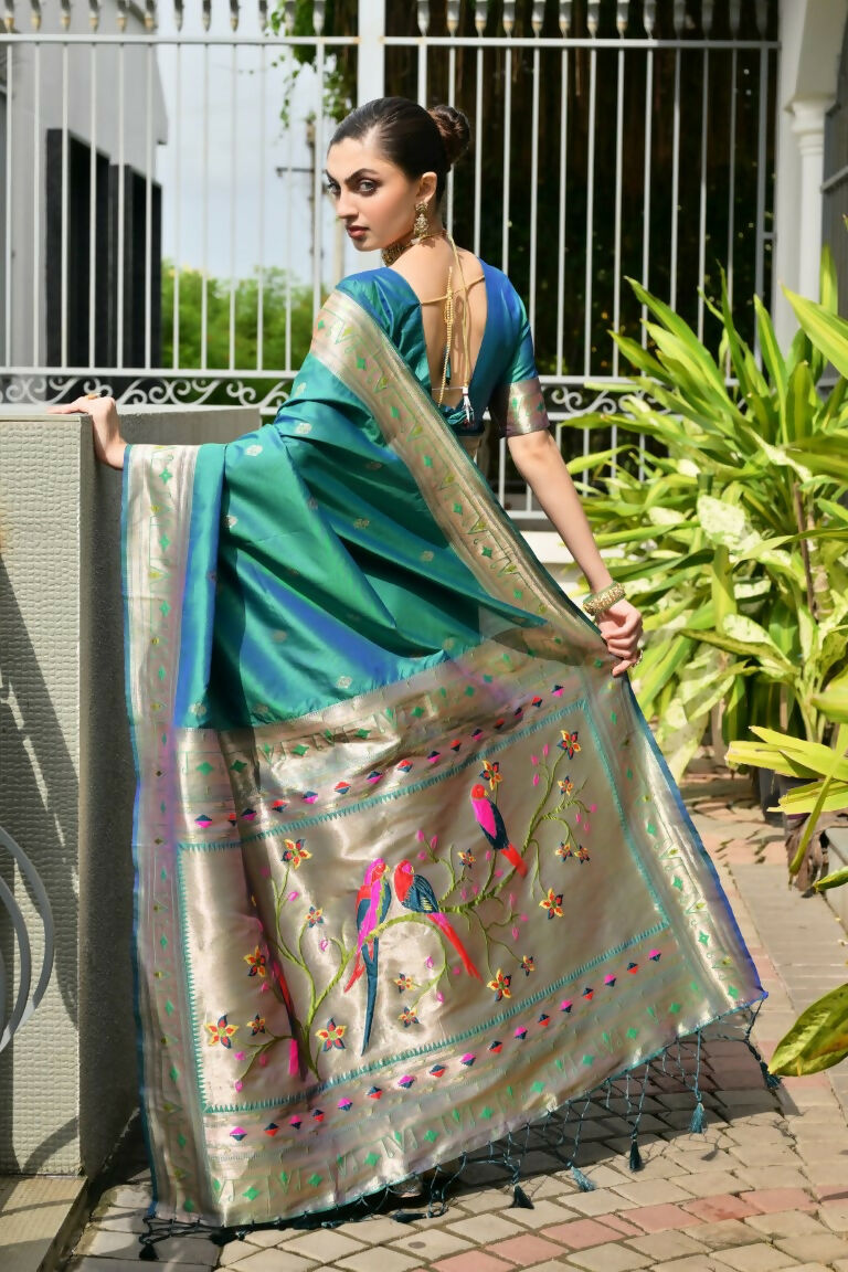 Vishnu Weaves Women's Rama Paithani Silk Zari Woven Saree with Blouse
