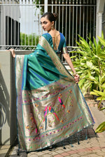 Thumbnail for Vishnu Weaves Women's Rama Paithani Silk Zari Woven Saree with Blouse