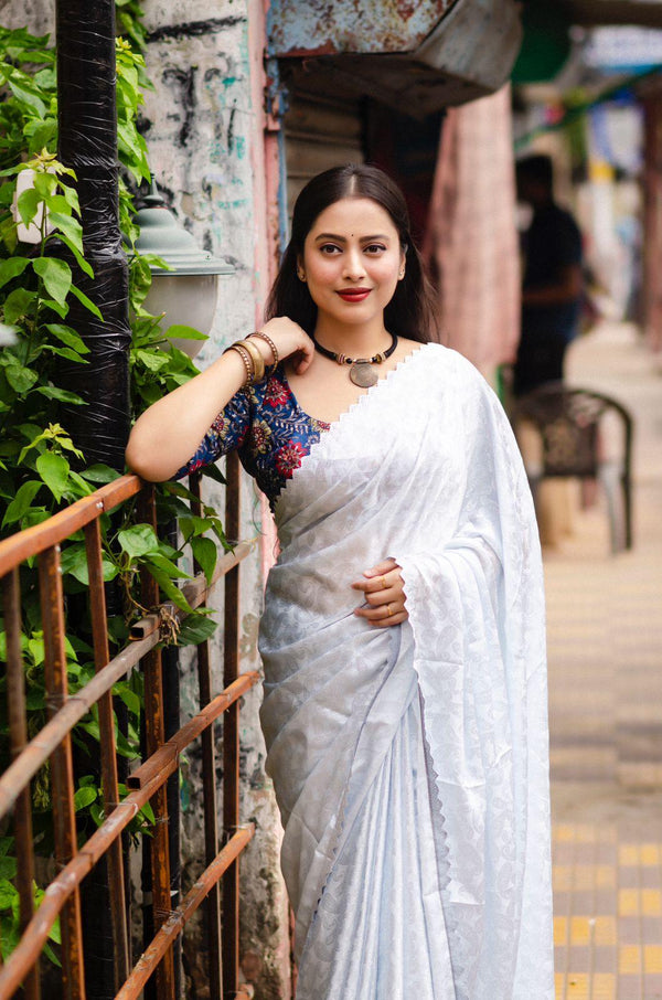 White Poly Silk Ethnic Motifs Saree with Unstitched Blouse - Hiral Fashion - Distacart