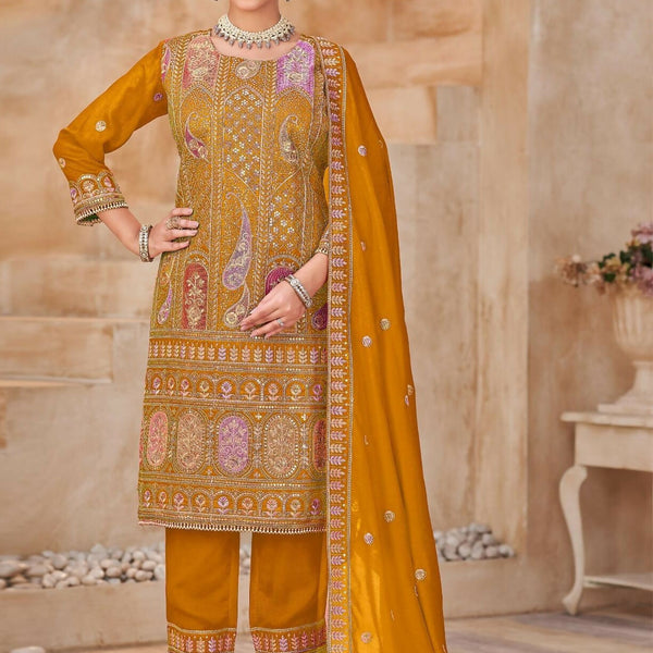 Anaita Mustard Vichitra Silk Readymade Suit with Embroidery & Lace Work - Distacart