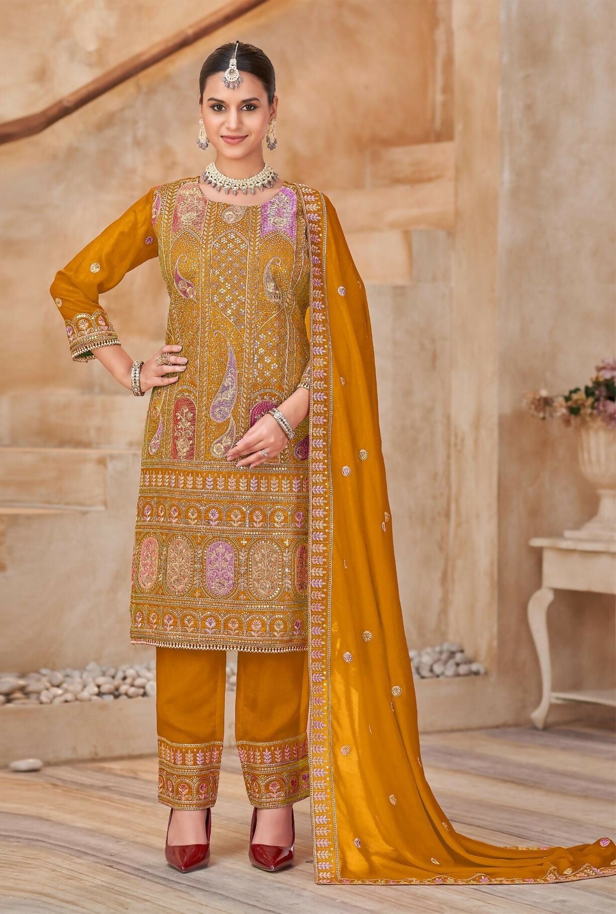 Anaita Mustard Vichitra Silk Readymade Suit with Embroidery & Lace Work - Distacart