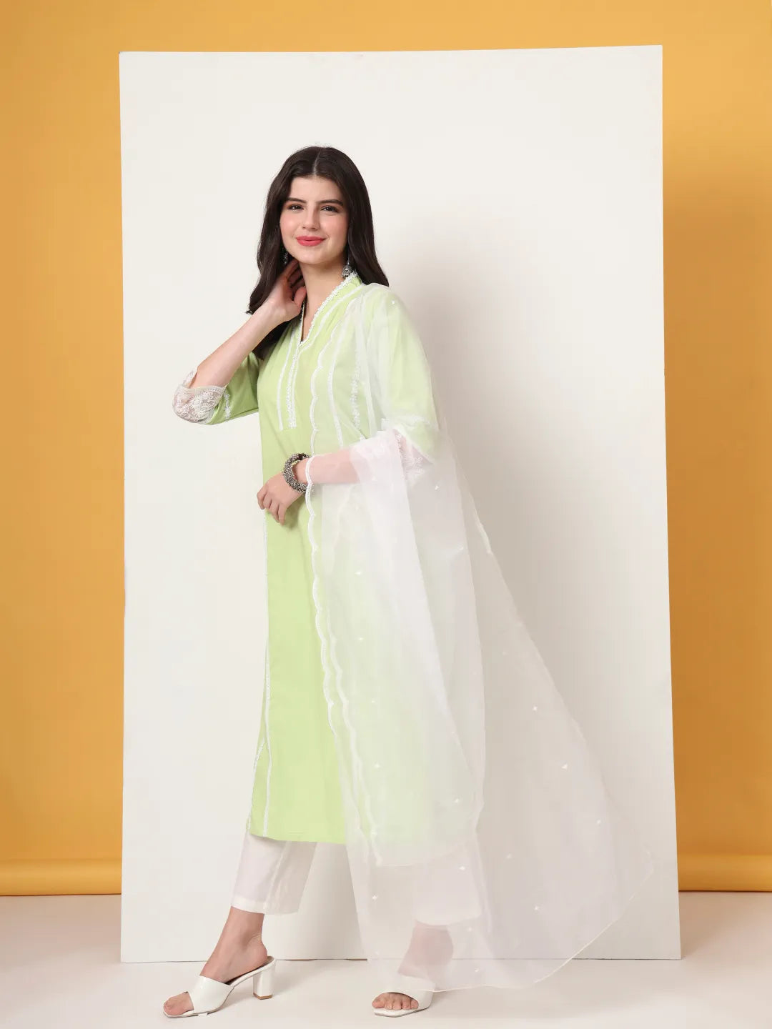Yufta Premium Cotton Poplin Green Kurta Dupatta Pant Set - Distacart