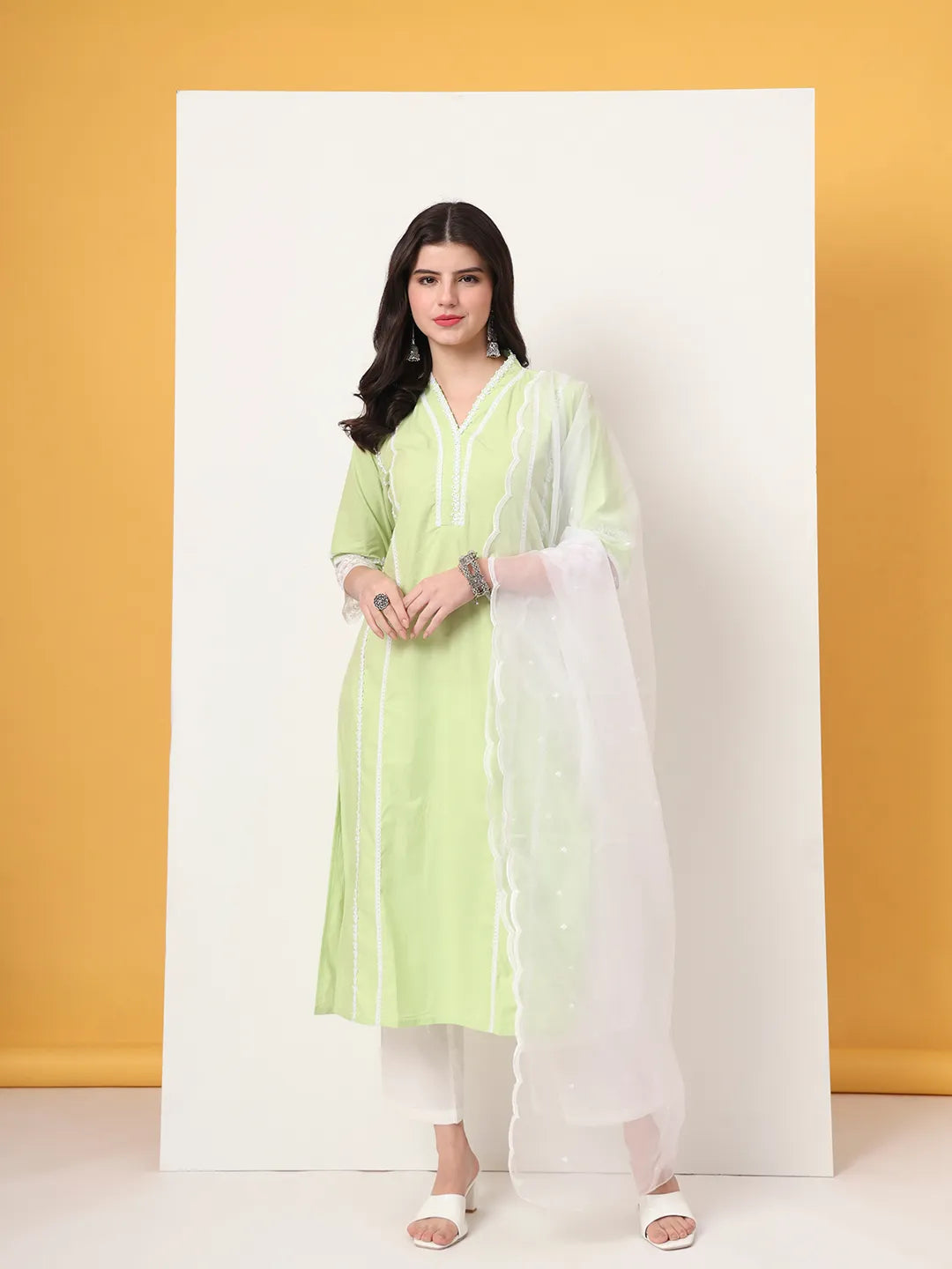 Yufta Premium Cotton Poplin Green Kurta Dupatta Pant Set - Distacart